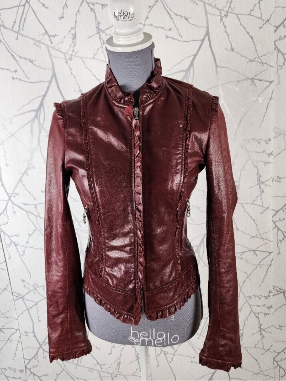 Kenna T Dark Red Leather Full Zip Ruffle Moto Jacket
